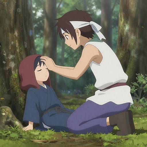 Anime Scene with Caring Boy in Forest