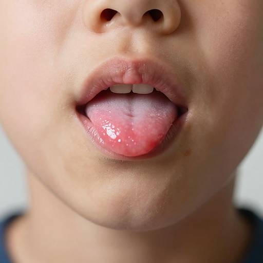 Close-up photograph of an Asian person's face, focusing on slightly parted lips with a protruding, glossy pink tongue. Bright lighting highlights smooth skin and