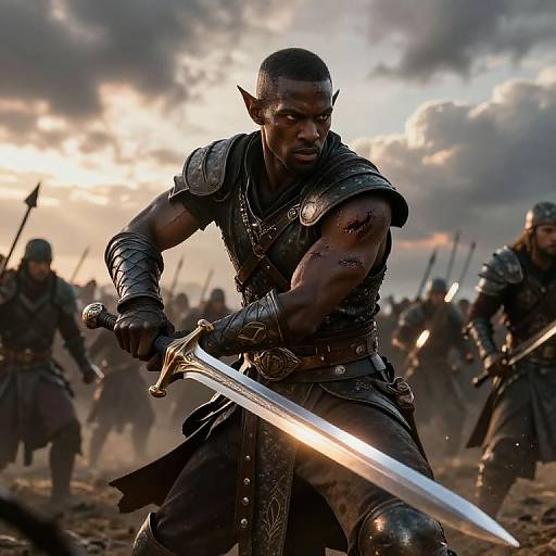 Photograph-style CGI of a muscular Black warrior with pointed ears, blood on his face, wielding a glowing sword, leading a battle charge at sunset.