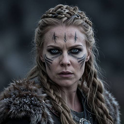 Photograph of a serious, blue-eyed woman with braided hair, black tribal face paint, and fur cloak, set against a dark, blurred background
