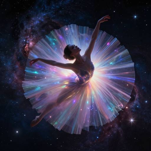 Silhouetted ballerina in a tutu, arms gracefully outstretched, surrounded by radiant, colorful, cosmic rays against a starry