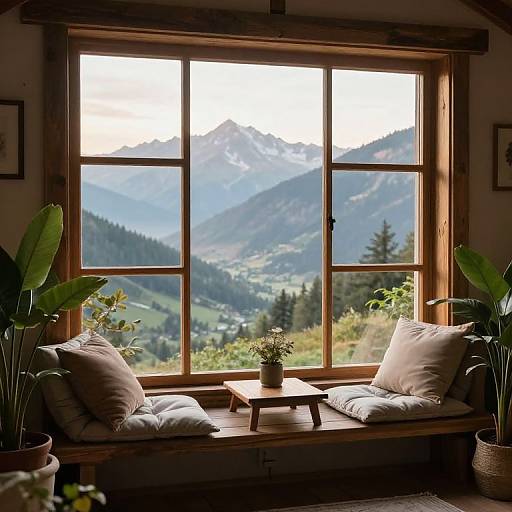 Photograph of a cozy wooden window seat with white cushions, potted plants, and a mountain view through large, sunlit window.