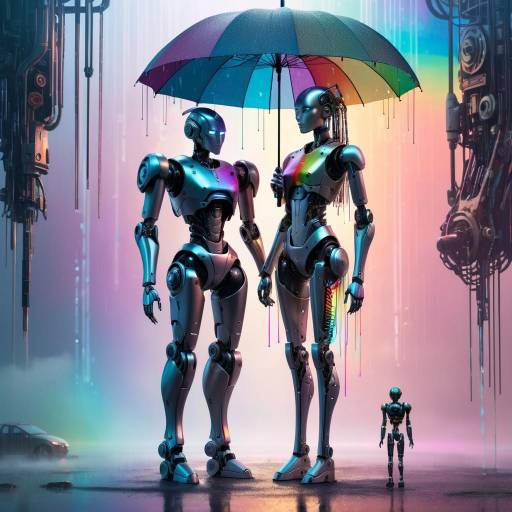 Futuristic Robot and Woman Under Umbrella