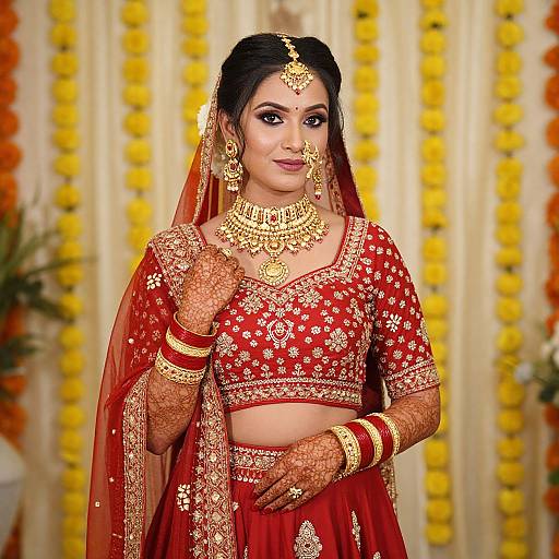 Photograph of an Indian bride in a red, gold-embroidered saree and matching crop top, adorned with gold jewelry, standing against a