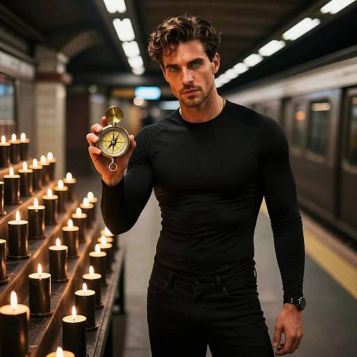 Confident Man with Compass in Subway Station