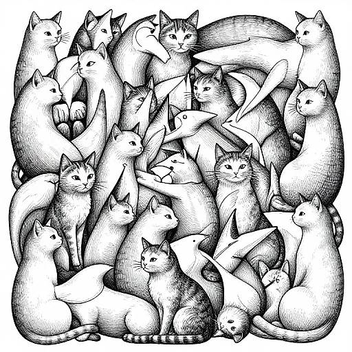 Ink drawing of a dense cluster of black-and-white cats with varied expressions, overlapping and intertwining, creating a textured, chaotic pattern.