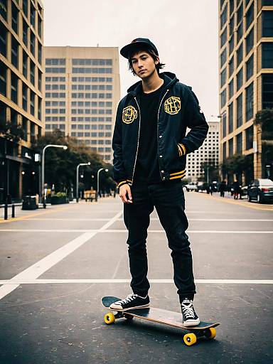 Young Man in Rock Outfit on Skateboard