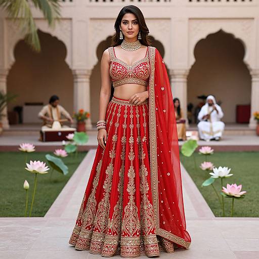 Photograph of a dark-haired woman in a red and gold traditional Indian outfit, standing in a courtyard with lotus flowers and arches in the background