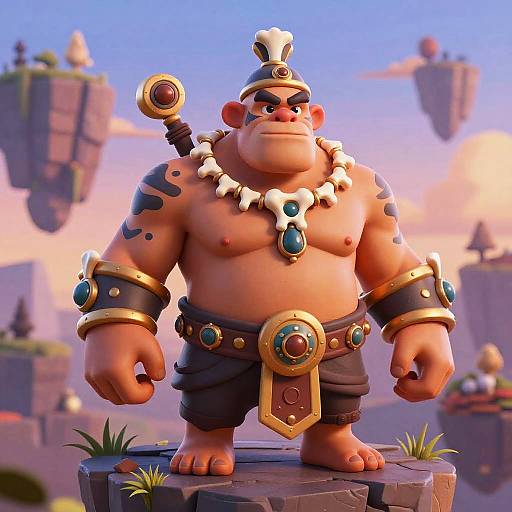 3D Cartoon Ogre with Bone Jewelry in Floating Island Landscape