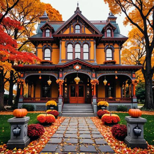 Victorian Style Autumn House with Fall Decorations