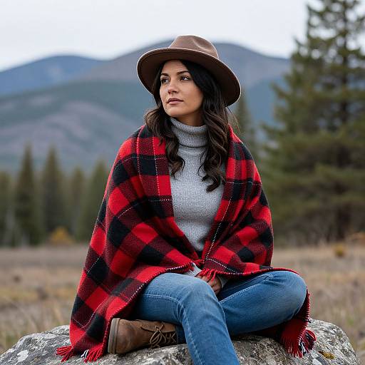 Photograph of a young woman with long dark hair, wearing a brown hat, red and black plaid shawl, gray turtleneck, blue