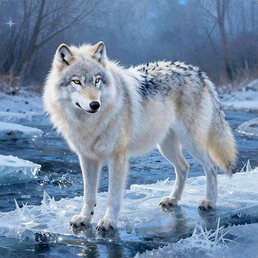 Photograph of a white-gray wolf with piercing yellow eyes standing on a partially frozen, icy stream in a snowy forest.