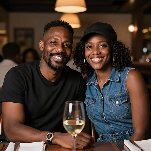 Smiling Couple at Dimly Lit Restaurant