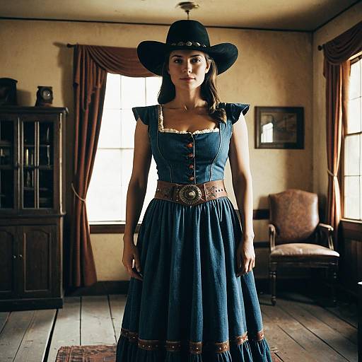 Photograph of a woman in a blue, Victorian-style dress with a wide belt, black cowboy hat, and brown boots, standing in a dimly