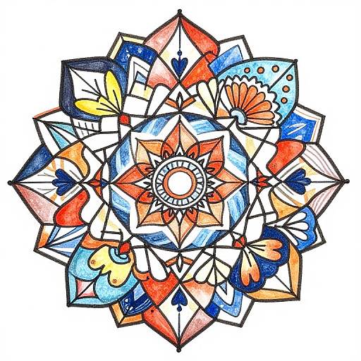 Vividly colored, intricately detailed mandala drawing in a bold, geometric style with vibrant reds, blues, oranges, and yellows,