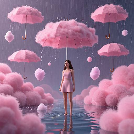 Digital artwork: A woman in a pink dress stands in shallow water, surrounded by floating pink umbrellas and clouds, under a rainy purple sky.