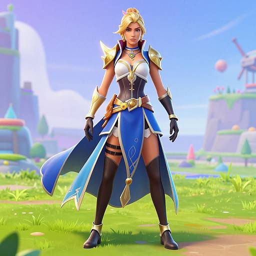 Digital art of a blonde, armored female warrior in blue and gold fantasy attire, standing confidently in a vibrant, sunny, grassy landscape.