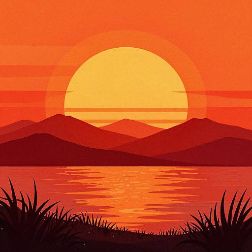 Digital illustration of a vibrant sunset over a calm lake, with silhouetted mountains, bright orange sky, and yellow sun, surrounded by grass in
