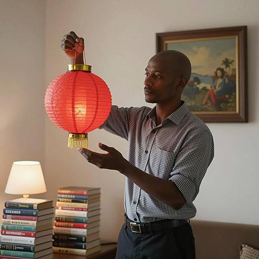Focused Man Balancing a Lantern