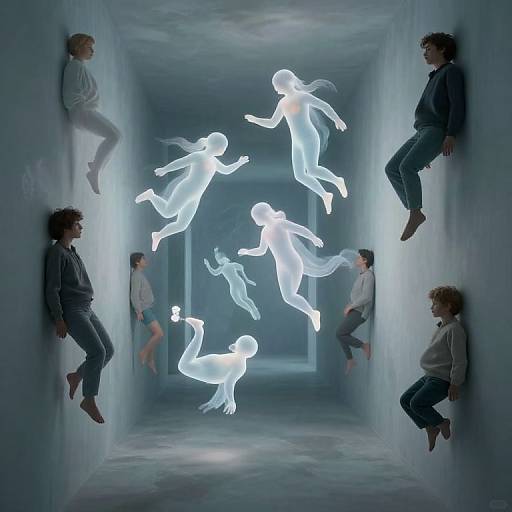 Photograph of six children in gray clothes, suspended in a blue-lit tunnel, with glowing ethereal silhouettes of flying children between them.