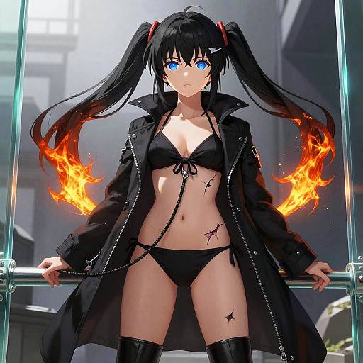 Anime-style digital artwork of a blue-eyed black-haired girl with twin ponytails, wearing a black bikini, long coat, and thigh-high boots, with