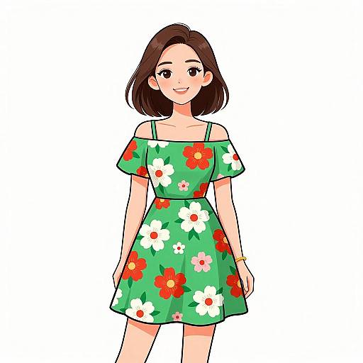 Digital anime-style illustration of a smiling young woman with short brown hair, wearing an off-shoulder green dress with red, white, and yellow flower