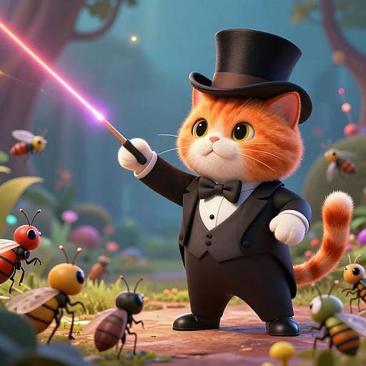 Cute orange kitten in a black tuxedo and top hat holds a glowing red laser pointer, surrounded by colorful insects in a whimsical forest scene