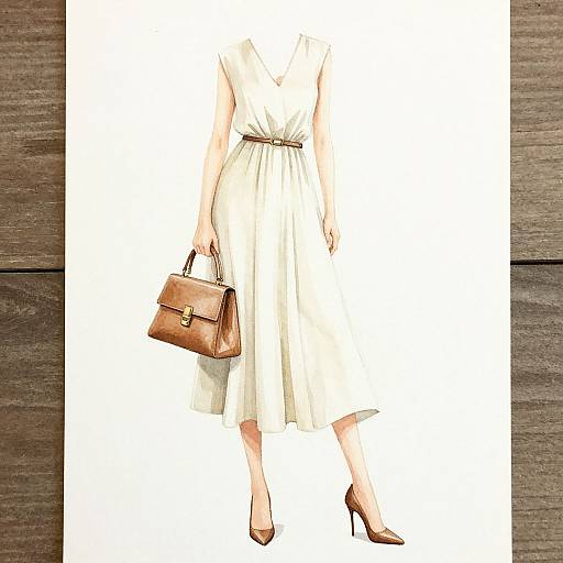 Digital drawing of a woman in a white, sleeveless, knee-length dress, brown belt, holding a brown leather handbag, wearing black heels,