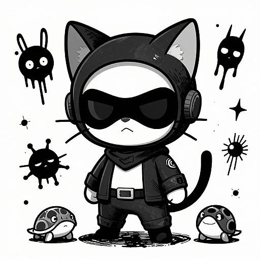 Chibi-style black cat in hooded jacket with sunglasses, standing confidently among black, bug-like creatures and two small, shell-eared creatures.
