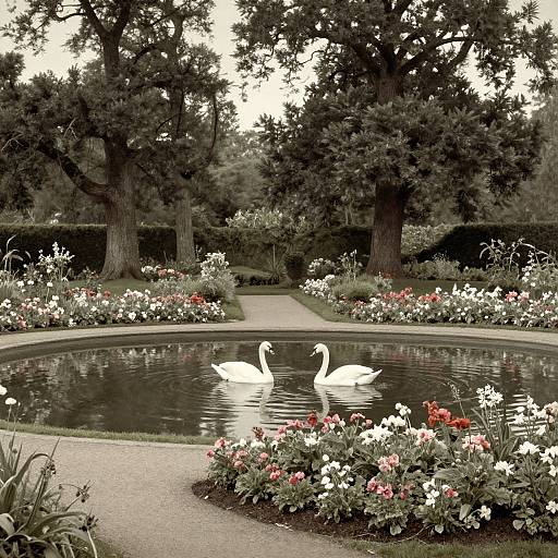 Photograph of a serene garden with two white swans gliding in a circular pond, surrounded by vibrant flowers and tall trees.