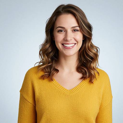 Smiling Woman in Mustard Sweater