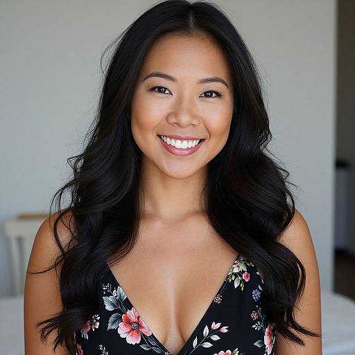 Photograph of a smiling Asian woman with long black hair, wearing a black floral dress with a deep V-neck, standing against a plain white background.