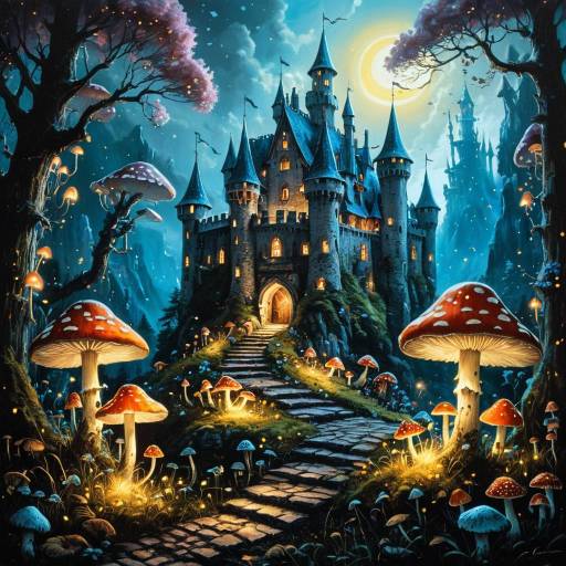 Whimsical Castle with Glowing Mushrooms