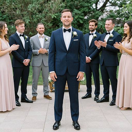 Photograph of a groom in a navy suit with a bow tie, standing center at an outdoor wedding, surrounded by groomsmen in black suits and
