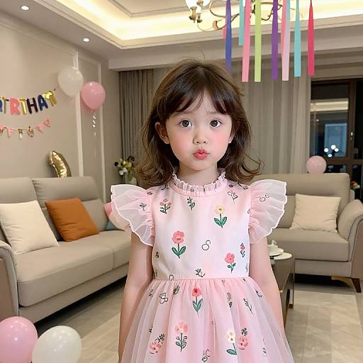 Photograph of an Asian girl with medium-length brown hair, wearing a pink floral dress, standing in a modern living room with balloons and birthday decorations.