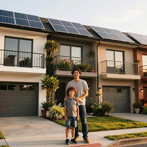 Single Parent and Child in Front of Solar-Powered Townhouse