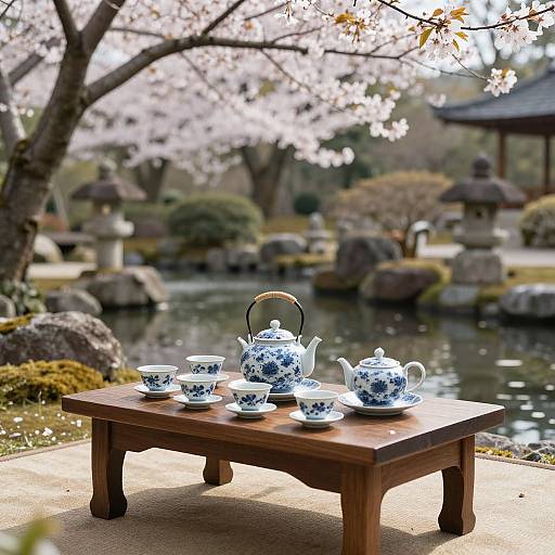 Photograph of a wooden table with blue-and-white teapot and matching cups, set outdoors by a serene Japanese garden pond, surrounded by cherry blossom trees