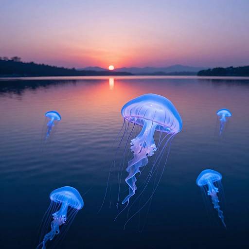 Photograph of glowing blue jellyfish floating on calm water at sunset, with a vibrant orange-pink sky and silhouetted trees in the background