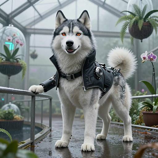 Cyberpunk Arctic Husky Greenhouse Portrait