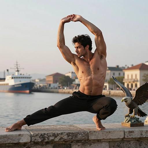 Muscular Man Stretching by the Harbor