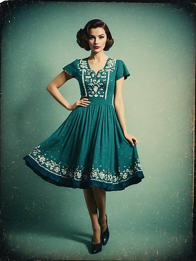 Vintage Style Woman in Embroidered Teal Dress
