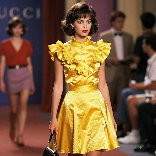 Photograph of a fashion runway show featuring a woman in a vibrant yellow, ruffled dress with short sleeves, holding a black clutch, with blurred background