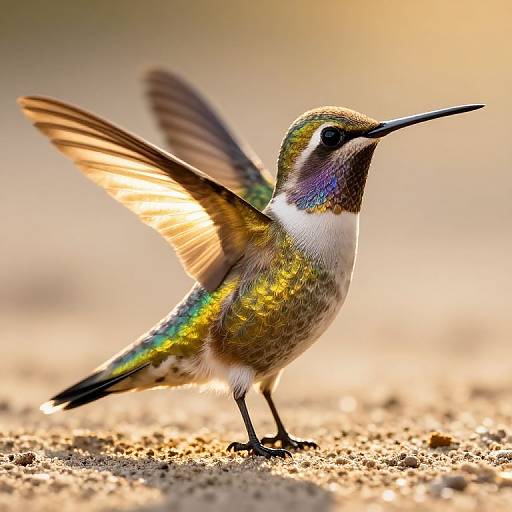 Photograph of a vibrant hummingbird with iridescent green, blue, and gold feathers, wings mid-flap, standing on sandy ground in sunlight