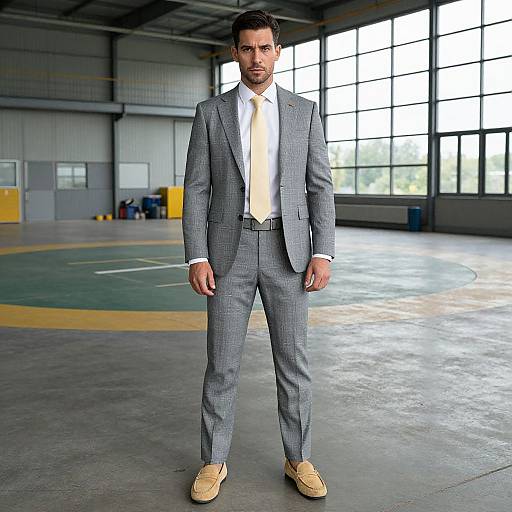 Photograph of a handsome, bearded man in a gray checkered suit, white shirt, yellow tie, and tan loafers, standing in a