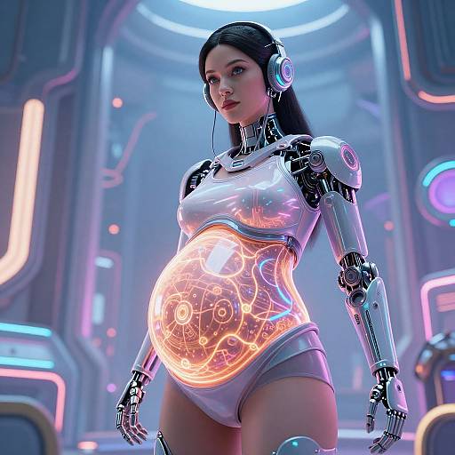 Futuristic Pregnant Cyborg Woman with Glowing Belly