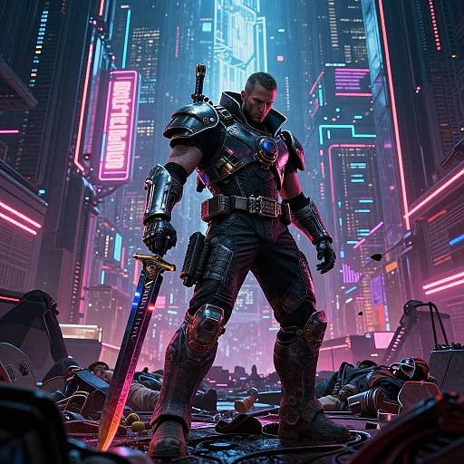 Cyberpunk Lone Warrior in Neon City