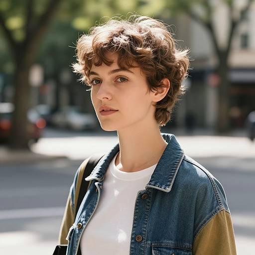 Photograph of a young woman with short, curly brown hair, wearing a denim jacket over a white shirt, standing on a sunlit urban street with