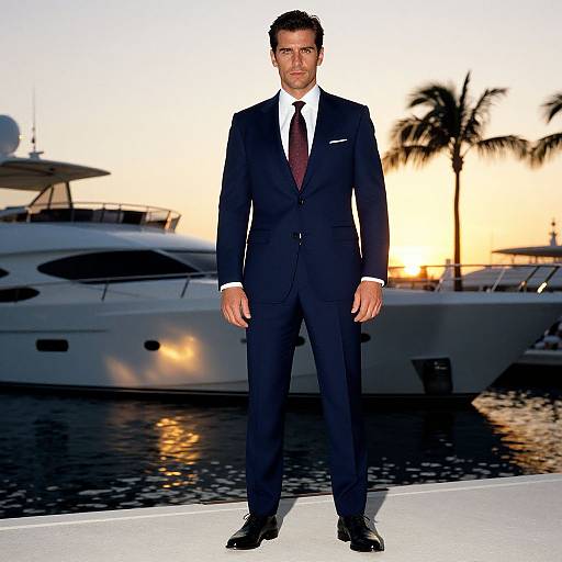Photograph of a handsome man in a dark navy suit, white shirt, and maroon tie, standing on a marina dock at sunset with a