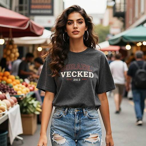 Photograph of a young woman with long, wavy dark hair, wearing a gray 
