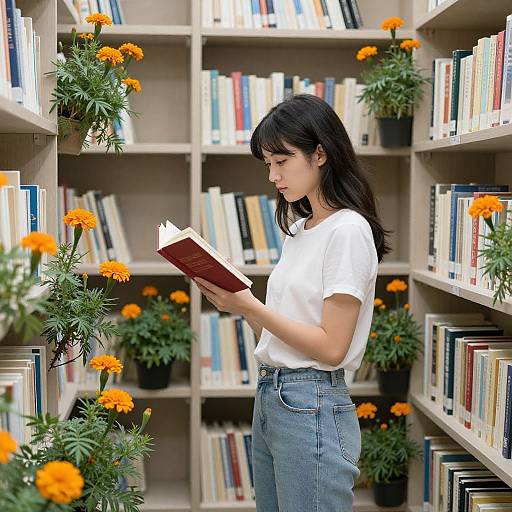 Photograph of an Asian woman with black hair, wearing a white t-shirt and blue jeans, reading a book in a library with orange marigold
